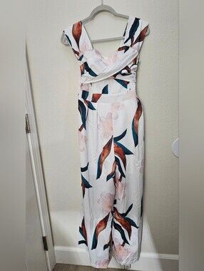 Retro Stage Floral Jumpsuit NWT Medium Off-Shoulder Wide Leg Tropical Pinup
